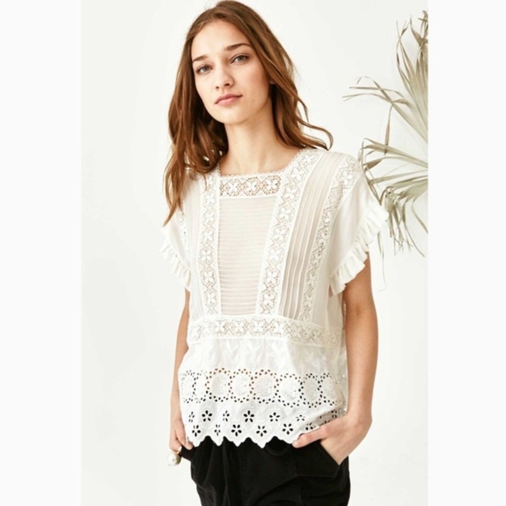 Ulla Johnson Adrienne Scalloped Silk Eyelet Victorian Blouse Off White Size 2